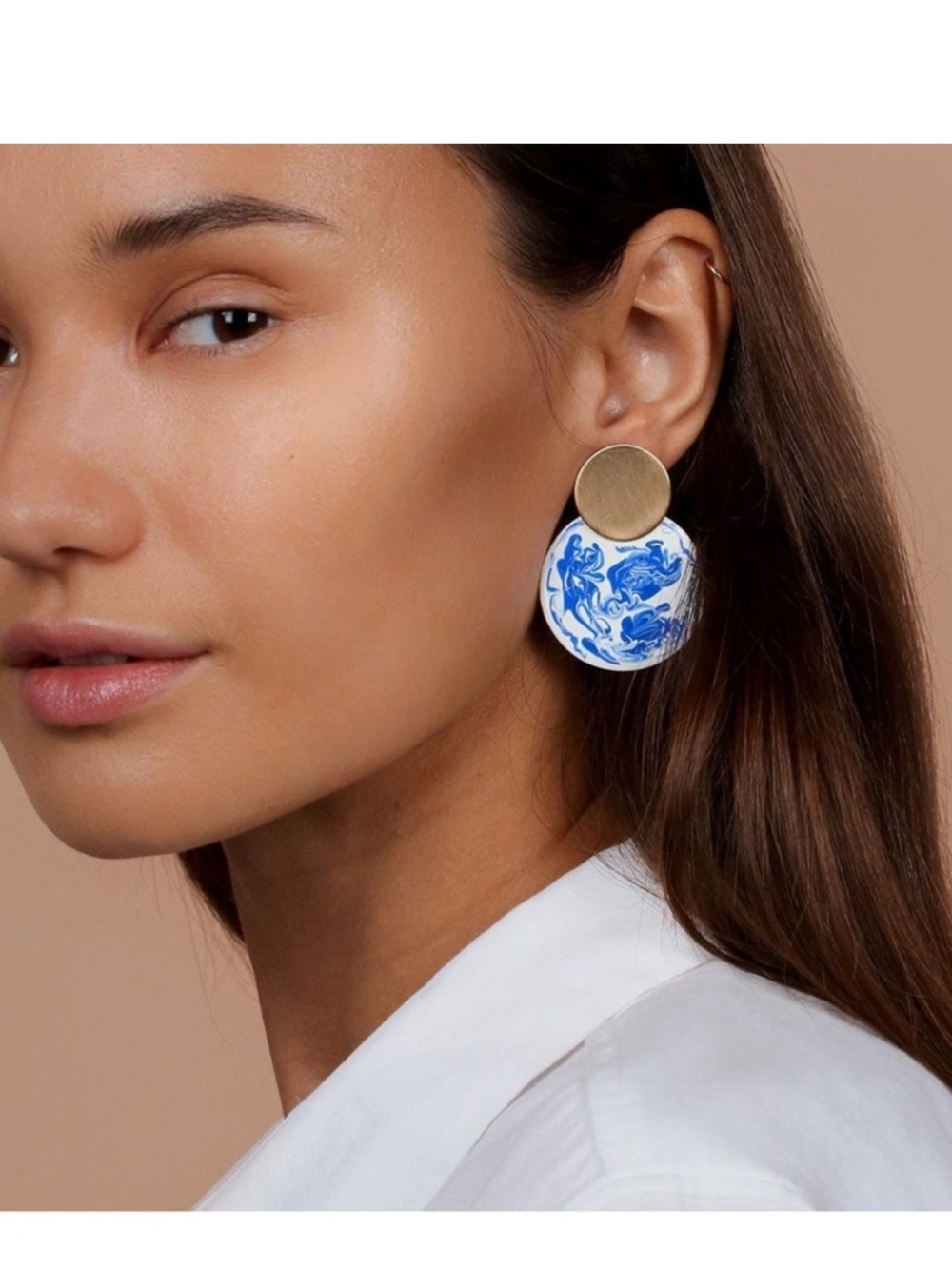 NEW Ana Luisa Kinoko Earrings Larger Size Gold Tone Marbled Blue White Circles
